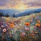AI generated illustration of an oil painting of a sun-dappled meadow with blooming wildflowers