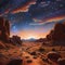 AI generated illustration of an oil painting of a vast desert landscape with the night sky