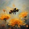 AI generated illustration of an oil painting of yellow flowers and a hovering bee