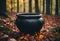 AI generated illustration of an old black pot in a serene autumnal forest