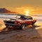 AI generated illustration of an old-fashioned car cruising along a sandy beach at golden hour