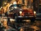 AI generated illustration of an old-fashioned car parked on a busy city street