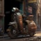 AI generated illustration of an old moped parked in a alley during the daytime