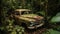 AI generated illustration of an old vintage car covered in moss in a jungle surrounded by trees