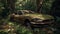 AI generated illustration of an old vintage car covered in moss in a jungle surrounded by trees