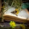 AI generated illustration of an open book featuring a bee alongside yellow flowers