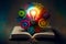 AI generated illustration of an opened book with colorful innovation gears around a bulb