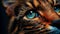 AI-generated illustration of an orange and black tiger cats vivid blue eyes