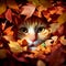 AI-generated illustration of an orange tabby cat peeking out from behind a pile of autumn leaves