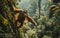 AI generated illustration of an orangutan swinging from a branch of a tree in a lush jungle