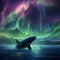 AI generated illustration of a orca whale in front of the northern lights of the aurora borealis