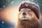 AI generated illustration of a otter wearing a knitted hat under the snow