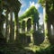 AI generated illustration of overgrown moss adorns the ruins and trees of an abandoned park