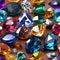 AI generated illustration of an overhead view of a variety of multi-colored gems on a brown surface