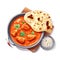 AI-generated illustration of a painting of a bowl of chicken curry with garlic bread on the side.