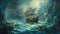 AI generated illustration of a painting of a fierce pirate ship in the middle of the ocean