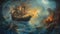 AI generated illustration of a painting of a fierce pirate ship in the middle of the ocean