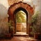 AI generated illustration of a painting of a golden-hued archway leading into a sunlit courtyard