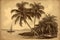 AI generated illustration of a painting of lush palm trees and a sailboat in the distance