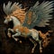 AI generated illustration of a painting of a majestic pegasus against a dark background