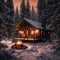 AI generated illustration of a painting of a rustic cabin in the woods illuminated by a warm bonfire