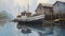 AI generated illustration of a painting of a sailboat on a lake near the wooden abandoned houses
