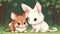 AI generated illustration of a pair of cute and cuddly rabbits in a lush, green grassy field