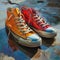 AI generated illustration of a pair of traditional, worn, sneakers in different colors
