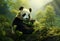 AI generated illustration of a panda bear sitting in a lush and vibrant green forest