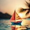 AI generated illustration of a paper boat sailing across the tranquil ocean at sunset