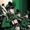 AI generated illustration of a parade with people dressed in green, musicians playing the bagpipes