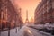 AI generated illustration of Paris skyline illuminated by the setting sun during winter