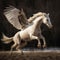 AI generated illustration of pegasus with its wings fully extended, galloping through a meadow