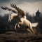 AI generated illustration of pegasus with its wings fully extended, galloping through a meadow