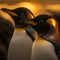 AI generated illustration of penguins standing in a line gazing toward a picturesque sunset