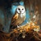 AI generated illustration of a perched owl on a cluster of yellow autumn leaves