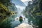 AI-generated illustration of a person paddling in a small boat through a scenic river