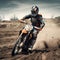 AI generated illustration of a person wearing a helmet driving a dirt bike across a dirt field