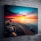 AI generated illustration of picture of seascape with orange red and blue sunset fixed on brick wall