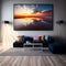 AI generated illustration of picture of seascape with orange sunset fixed on gray wall over sofa