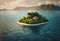 AI generated illustration of A picturesque island with a quaint house surrounded by lush trees