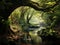 AI generated illustration of a picturesque natural landscape of a forest with trees, lush foliage