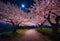 AI-generated illustration of a picturesque path lined with cherry trees in full bloom