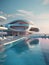 AI generated illustration of A picturesque swimming pool surrounded by modern white architecture