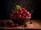 AI generated illustration of a pile of fresh, ripe cherries in a ceramic bowl