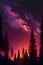 AI generated illustration of pine tree silhouettes with a pink sky full of glowing stars