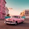 AI generated illustration of a pink car parked in front of a pink old building