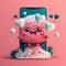 AI-generated illustration of a pink fluffy toy with heart balloons against a phone, pink background