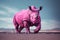 AI generated illustration of a pink rhinoceros stands majestically atop a dusty desert terrain