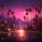 AI generated illustration of pink sunset over a town with cars parked on the road